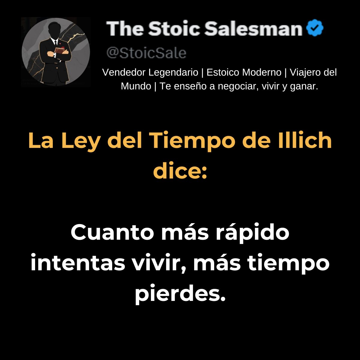 StoicSale's tweet photo. Ivan Illich lo dejó claro hace décadas: 
Por cada minuto que “ahorras” yendo más rápido (en auto, en avión, con apps, con delivery, con multitarea), el sistema te roba diez minutos en otra parte: trabajando más para pagar el coche, la gasolina, el seguro, el celular, la suscripción, el gimnasio, la comida rápida…
La velocidad no te libera. La velocidad te esclaviza.
Vivimos más rápido que nunca y tenemos menos tiempo que nunca. Nos vendieron que la tecnología nos daría tiempo libre y nos convirtió en ratas en una rueda que nunca para.
La gente más “productiva” no es la que hace más cosas. Es la que se niega a correr.
El que va lento y con intención siempre termina teniendo más tiempo real que el que vive a 200 km/h persiguiendo la ilusión de “aprovechar cada minuto”.
La trampa del tiempo de Illich no falla: Cuanto más rápido vives, más pobre de tiempo te vuelves.
¿Sigues corriendo para “ganar tiempo”?
Despierta.
#TheStoicSalesman