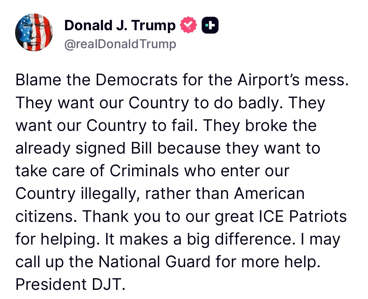 Thewarjurnal_'s tweet image. 🚨🇺🇸 Trump blasts Democrats over DHS funding gridlock, says unpaid TSA crisis forced ICE into airports  warns National Guard could be next.

Source: People

#Trump #DHS #TSA #ICE #USPolitics #BreakingNews