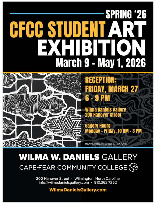 Congrats to PECHS student, Amanda Brunjes, who will have her art on display at the CFCC Student Art Exhibition from 3/9 to 5/1 in the Wilma Daniels Gallery.  Amanda is a perfect example of PECHS students taking art classes on the college level through CFCC.  #PECHStrong