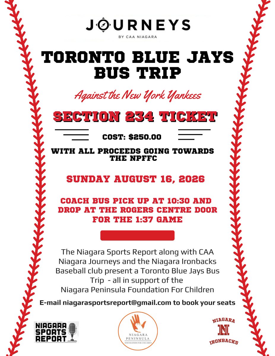 rmawhood's tweet photo. It's officia!
The #NiagaraSportsReport in conjunction w/@CAANiagara &amp; @ironbacks, and in support of the Niagara Peninsula Foundation For Children are running a #BlueJays bus trip to see the Jays take on the #Yankees
Email me if you're interested: niagarasportsreport@gmail.com https://t.co/6czQUbIIcM