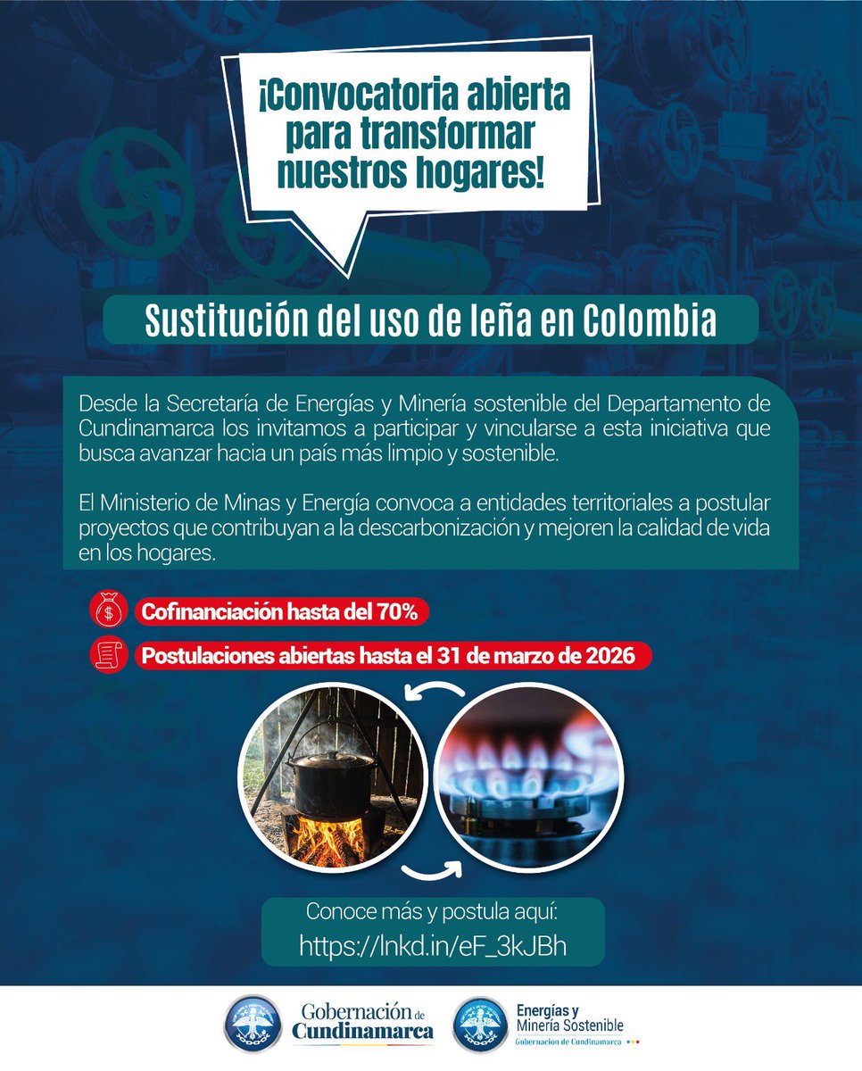 SecEnergia's tweet photo. ¡Convocatoria abierta para transformar nuestros hogares! @MinEnergiaCo 

Sustitución de uso de leña en colombia 

Por un país más limpio y sostenible 🌱

Inscríbete aquí🔗
https://t.co/PYEyV4wZhe https://t.co/0EZ7pdz4M7