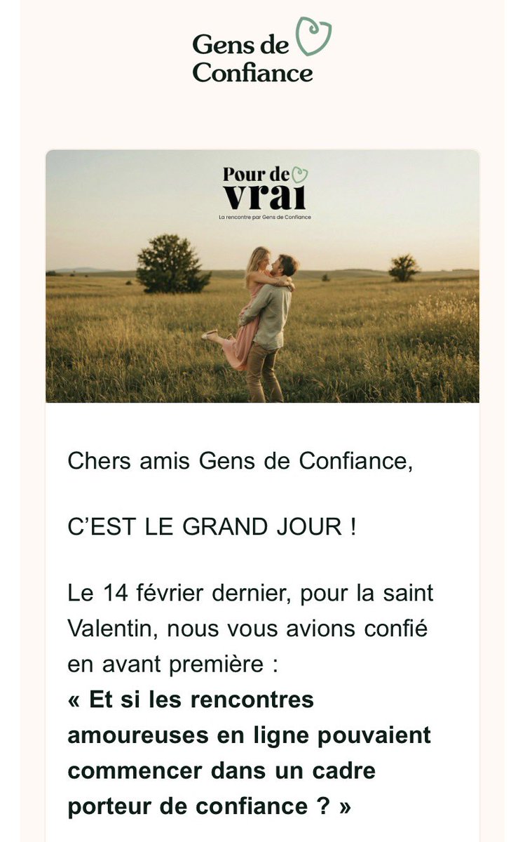 FrancoisG's tweet photo. C’est très fort ! @GensDeConfiance lance son app de rencontre : #PourDeVrai, « pour ceux qui pensent qu’une rencontre ne commence pas par un algorithme, mais par des présentations, que la confiance permet la vulnérabilité, et que certaines rencontres méritent d’avoir attendu. » https://t.co/iRfFxj0XFO