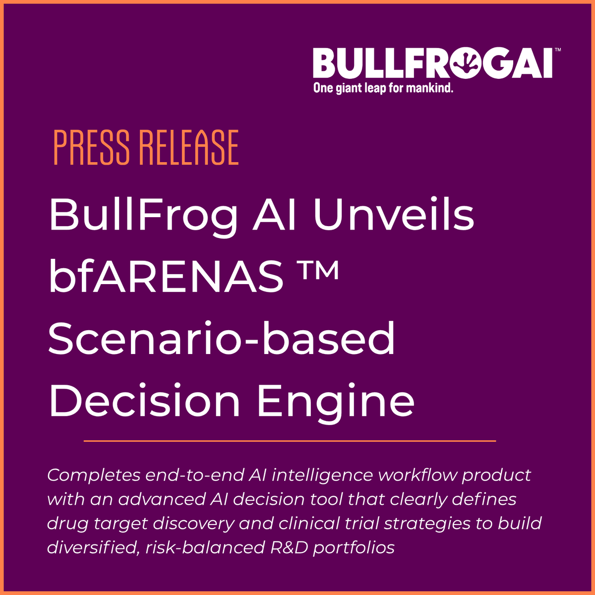 bullfrogai's tweet photo. $BFRG today unveiled bfARENAS™️ , a new scenario-based decision engine for pharmaceutical portfolio strategy and clinical trial design, bolstering its end-to-end AI intelligence workflow.

Read the full release here: https://t.co/L22UVeFq3K https://t.co/m6MWlAkSKB