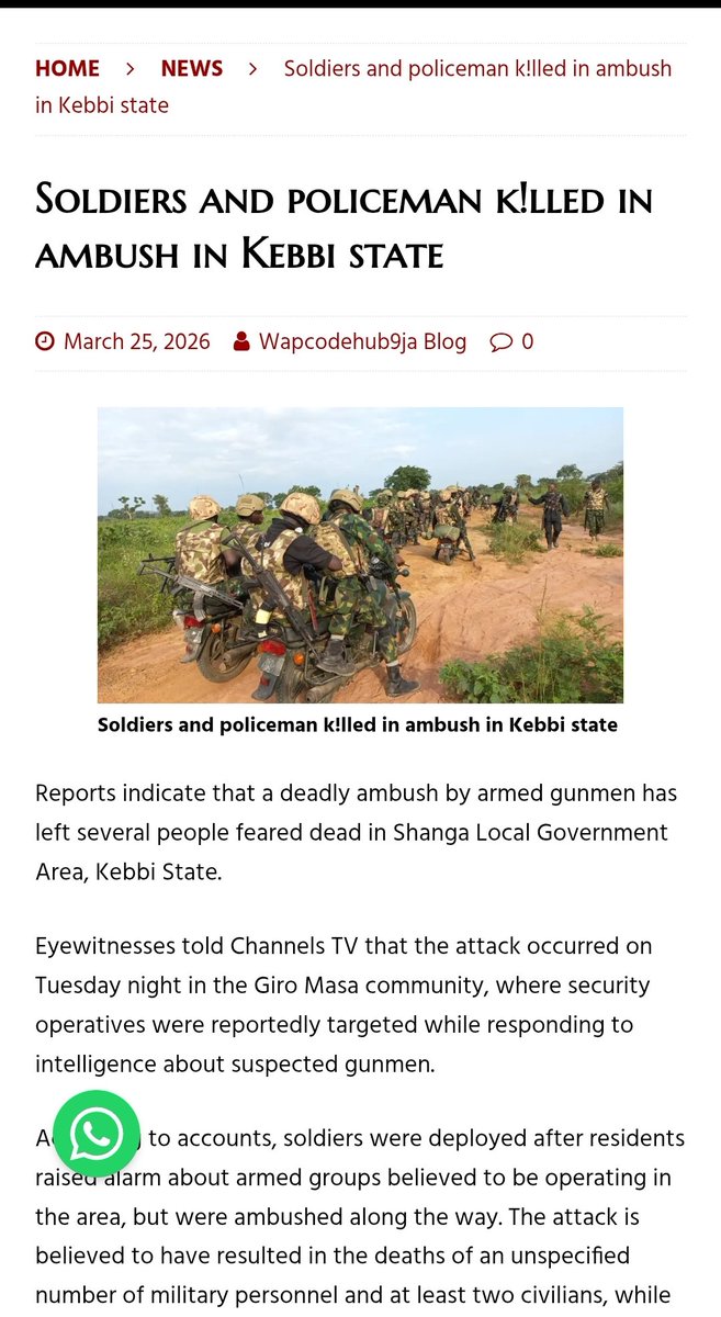 Soldiers and policeman k!lled in ambush in Kebbi state
#WaSTheFinale
#wapcodehubsite #trending #political #Nigeria