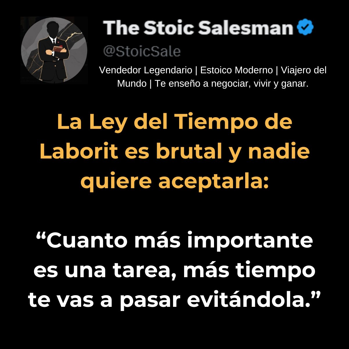 StoicSale's tweet photo. No es flojera. Es biología.
Tu cerebro prefiere mil veces hacer cualquier mierda insignificante (revisar el celular, contestar mensajes, organizar carpetas, “investigar” más) antes que sentarse a hacer lo que realmente mueve la aguja de tu vida.
Por eso el gimnasio se llena de gente que entrena brazos pero nunca hace piernas. Por eso tienes 47 ideas de negocio pero cero clientes. Por eso “mañana empiezo” es la frase más repetida del planeta.
El cerebro odia el esfuerzo real y ama la ilusión de productividad.
La gente que avanza no es más disciplinada. Es la que entiende esta ley y se obliga a hacer primero lo que más le duele.
El resto se pasa la vida ocupado… sin avanzar nunca.
Laborit no mintió: Cuanto más importante es la tarea, más creativo te volverás para no hacerla.
¿En qué cosa importante llevas meses “ocupado” sin tocarla?
#TheStoicSalesman