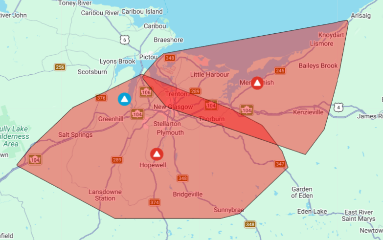 nspowerinc's tweet photo. Our crews are responding to an outage in the area of #Pictou, New Glasgow, Trenton, and surrounding communities. We're working safely and as quickly as possible to restore power. https://t.co/AxU6kFwmnQ