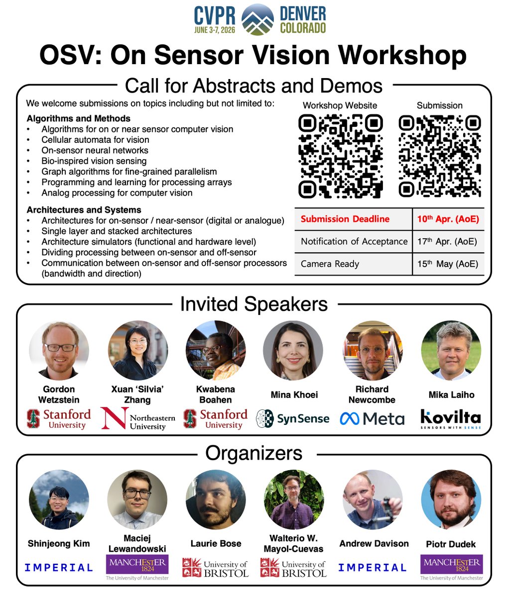 AjdDavison's tweet photo. On Sensor Vision Workshop at #CVPR2026. New deadline for abstracts and demos: 10th April; we welcome submissions of work-in-progress or work published elsewhere. Come and discuss the future of ultra-efficient computer vision on the edge, where pixels and processing come together. https://t.co/bwZEDnDTGe