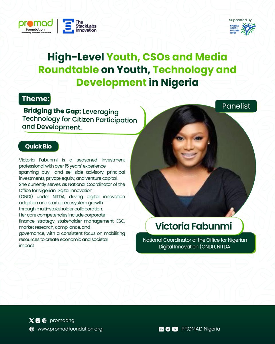 promadng's tweet photo. Meet Victoria Fabunmi, a powerhouse in investment, innovation, and entrepreneurship
With 15+ years driving impactful ventures across Africa, she’s shaping Nigeria’s digital future.
We’re thrilled to have her as one of our panelists.
#MeetThePanelist #ActiveCitizenship #PROMAD https://t.co/daIT4u8FpL