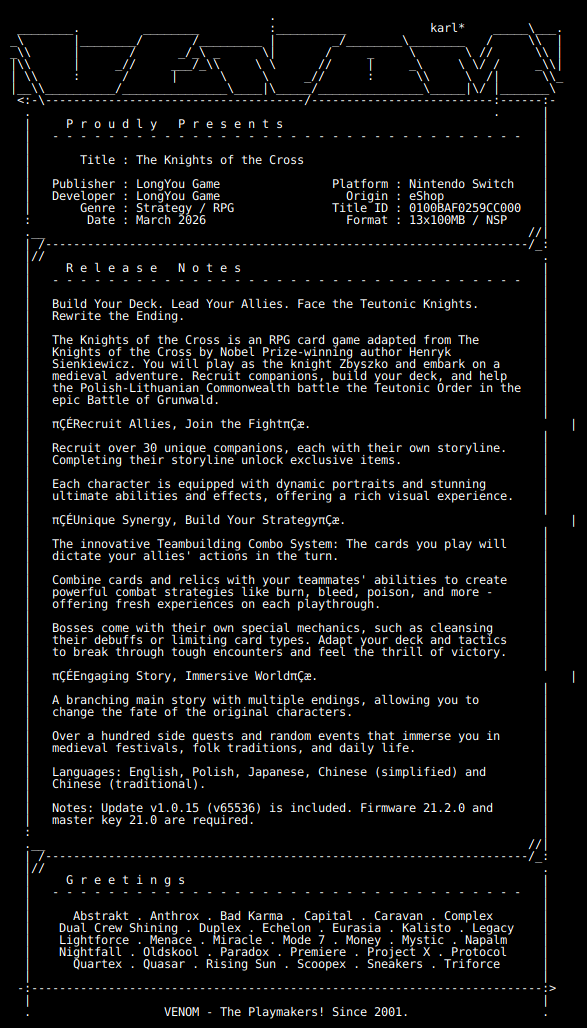switch_predb's tweet photo. New Release by VENOM!

The_Knights_of_the_Cross_NSW-VENOM [0100BAF0259CC000][94453F8F]
Size: 960.56 MiB

View on Tinfoil: https://t.co/wJHtU7PQEJ
View on eShop: https://t.co/cvXrLtnwC5 https://t.co/Kt0TShsMug