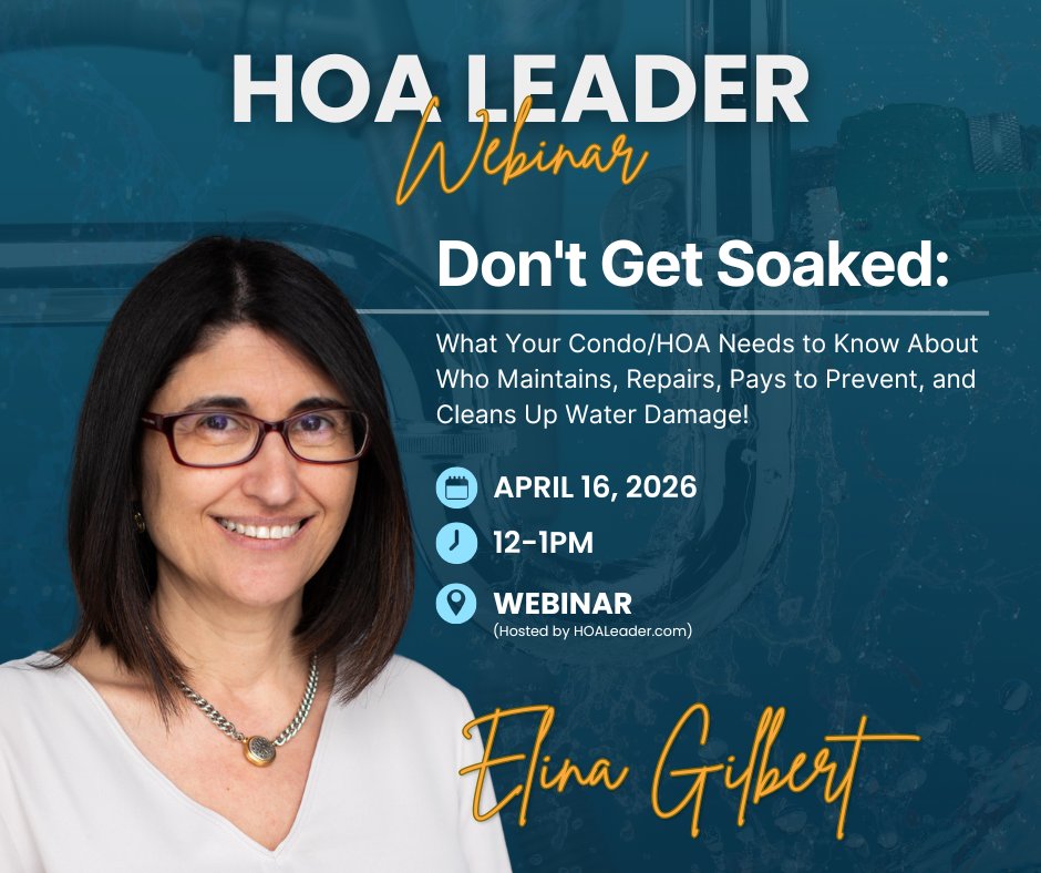 Who's responsible for water damage in an HOA? Who's going to clean up the mess? 

Elina Gilbert and her co-speaker will keep you from drowning in questions like these and more in their upcoming webinar with <a href="/HOAleader/">Matt Humphrey</a>! 

Register now: hoaleader.com/products/water…