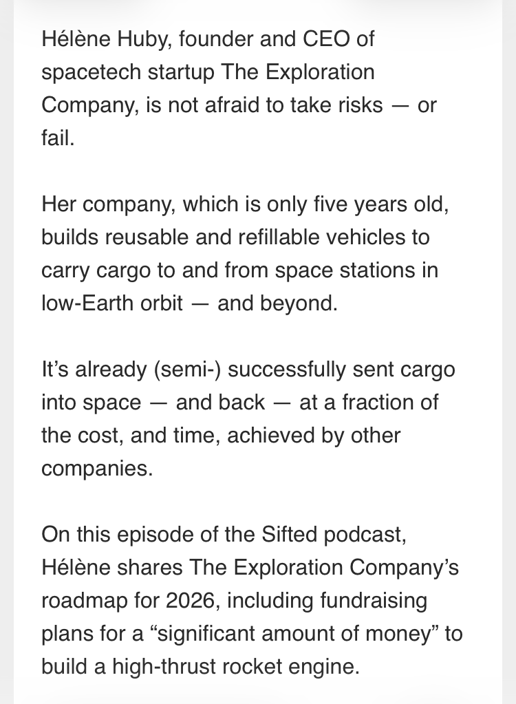 cindygallop's tweet photo. Because you need to know that @elonmusk  and @JeffBezos  are not the only space game in town 🚀
Listen to @helenehuby of  The Exploration Company talk to @Siftedeu 's @amyrlewin  here: https://t.co/MWznlbRPM6
#FundFemaleFounders https://t.co/WCh9NlsrDc