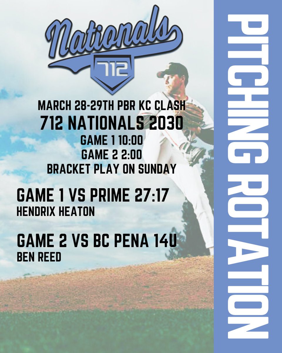 712bsbl's tweet photo. 712 Nationals 2030 head down to KC for their first Tournament. Here is the pitching rotation for Saturday with bracket play starters TBD. https://t.co/U034wWtKSL