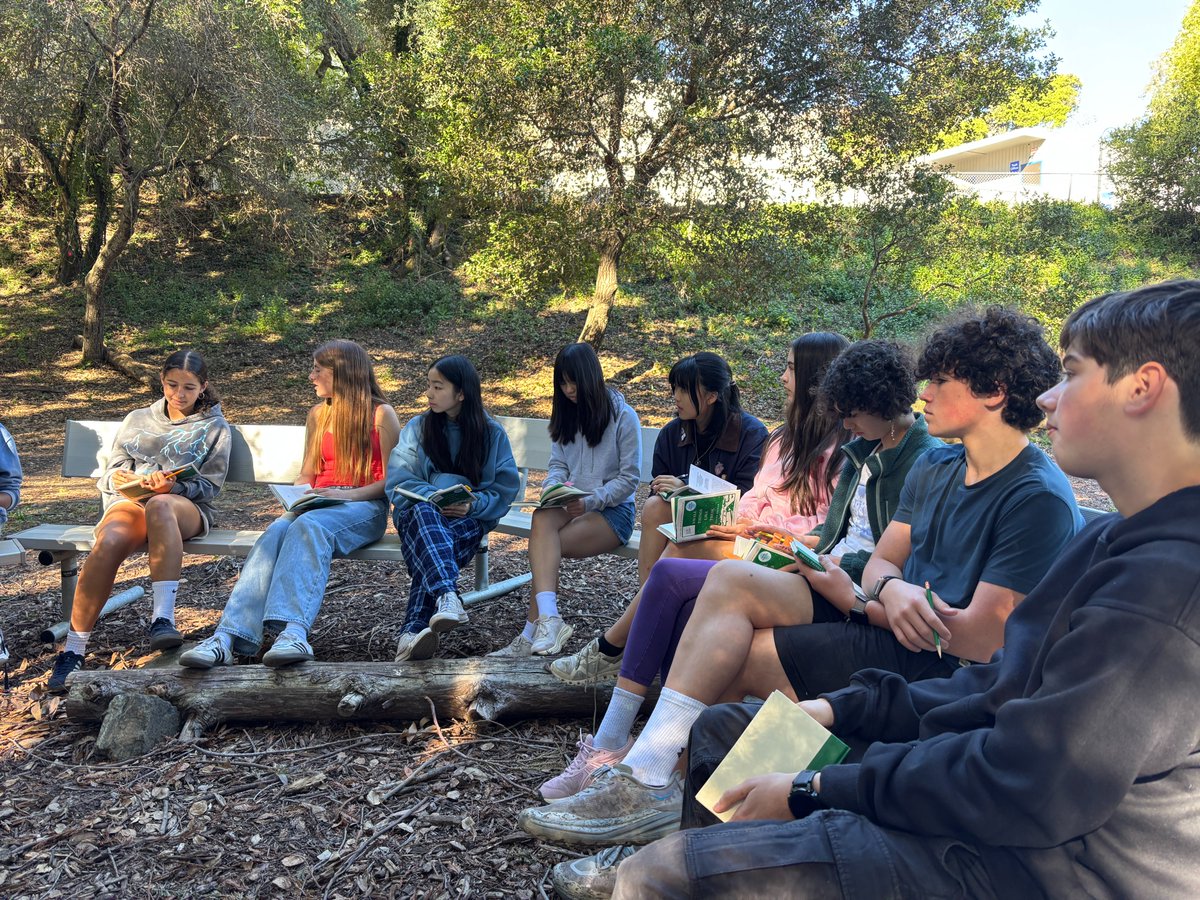 nuevaschool's tweet photo. #SeenAtNueva: 8th graders engaging in Harkness discussions about Small Things Like These by Claire Keegan in one of the outdoor classrooms on the Hillsborough campus. https://t.co/BLKksoKjPh