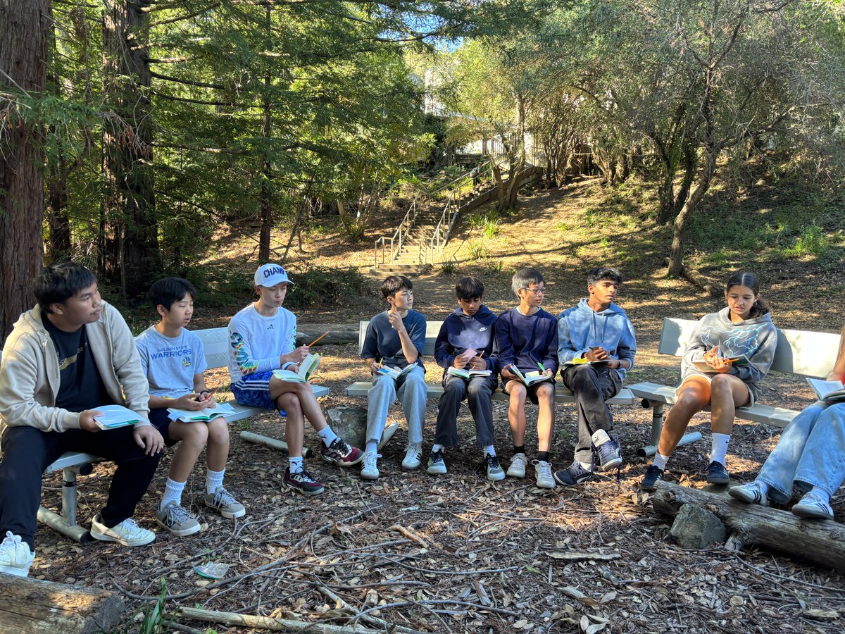nuevaschool's tweet photo. #SeenAtNueva: 8th graders engaging in Harkness discussions about Small Things Like These by Claire Keegan in one of the outdoor classrooms on the Hillsborough campus. https://t.co/BLKksoKjPh