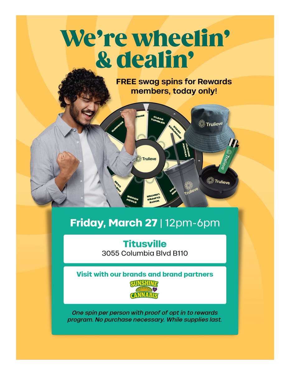 SunshineCannab2's tweet photo. This Friday #SunshineFam join us at these @Trulieve locations with some spin the wheel festivities.ππ₯ Come get your FREE #SunshineSwag from your favorite Florida #SunshineCannabis brand at these exciting pop-up events πππ«‘ππΌ
#Trulieve #SunshineStateOfMind #TruEvents https://t.co/6afIUNhAaJ