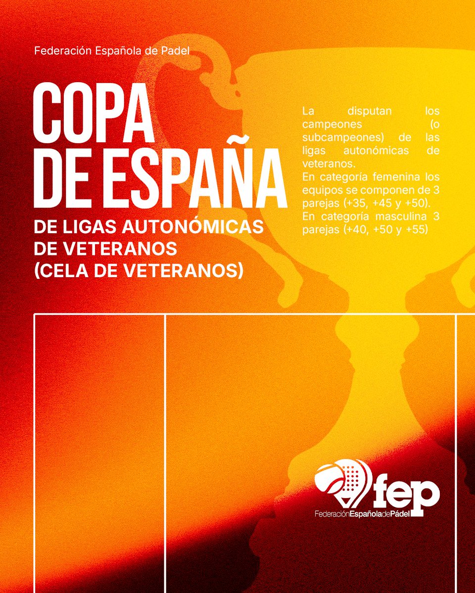 padelfederacion's tweet image. Nuevas competiciones en el calendario nacional de la FEP 🏆🇪🇸

Circuito Nacional de Veteranos
Cela Plata: subcampeones autonómicos (6 categorías)
Cela Veteranos: campeones (o subcampeones) de ligas de veteranos

Impulsando el pádel en todas sus etapas 💥

#FEP