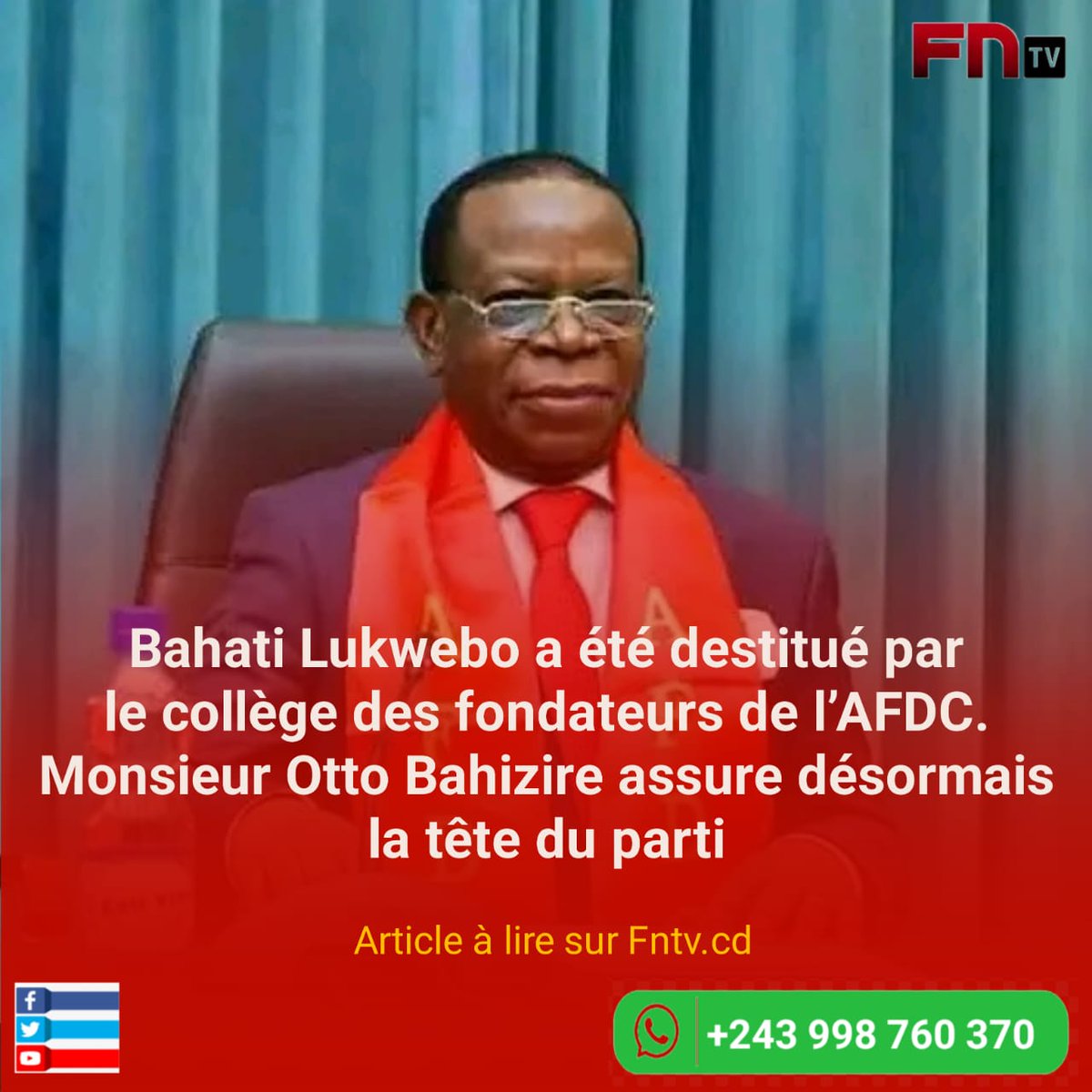FNTV_CD's tweet photo. Isolement accéléré pour Modeste Bahati Lukwebo : écarté du Sénat, il est aussi démis de la tête de l’AFDC-A. Otto Bahizi prend les rênes de la transition.
Un séisme politique au sein de la majorité en RDC 🇨🇩
#RDC #Politique #Kinshasa #AFDCA #Bahati #UnionSacrée #Actualité https://t.co/LIzm70MVzZ