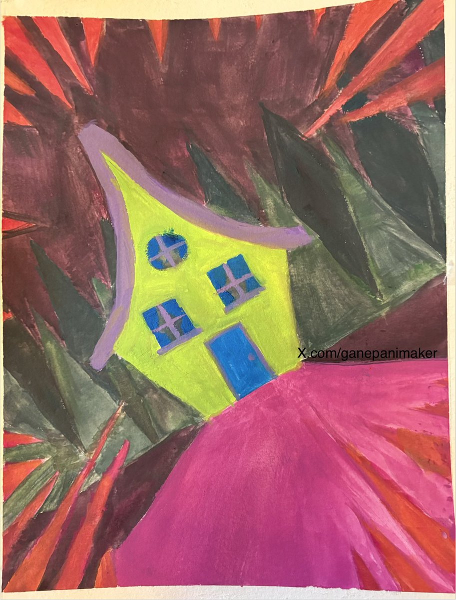 How does this image make you feel? I used combinations of happy colors and scary/angry colors, along with a friendly object (the house) surrounded by spooky trees and spikes.

So? Which colors are stronger? Does this painting look welcoming to you? (I’m interested)