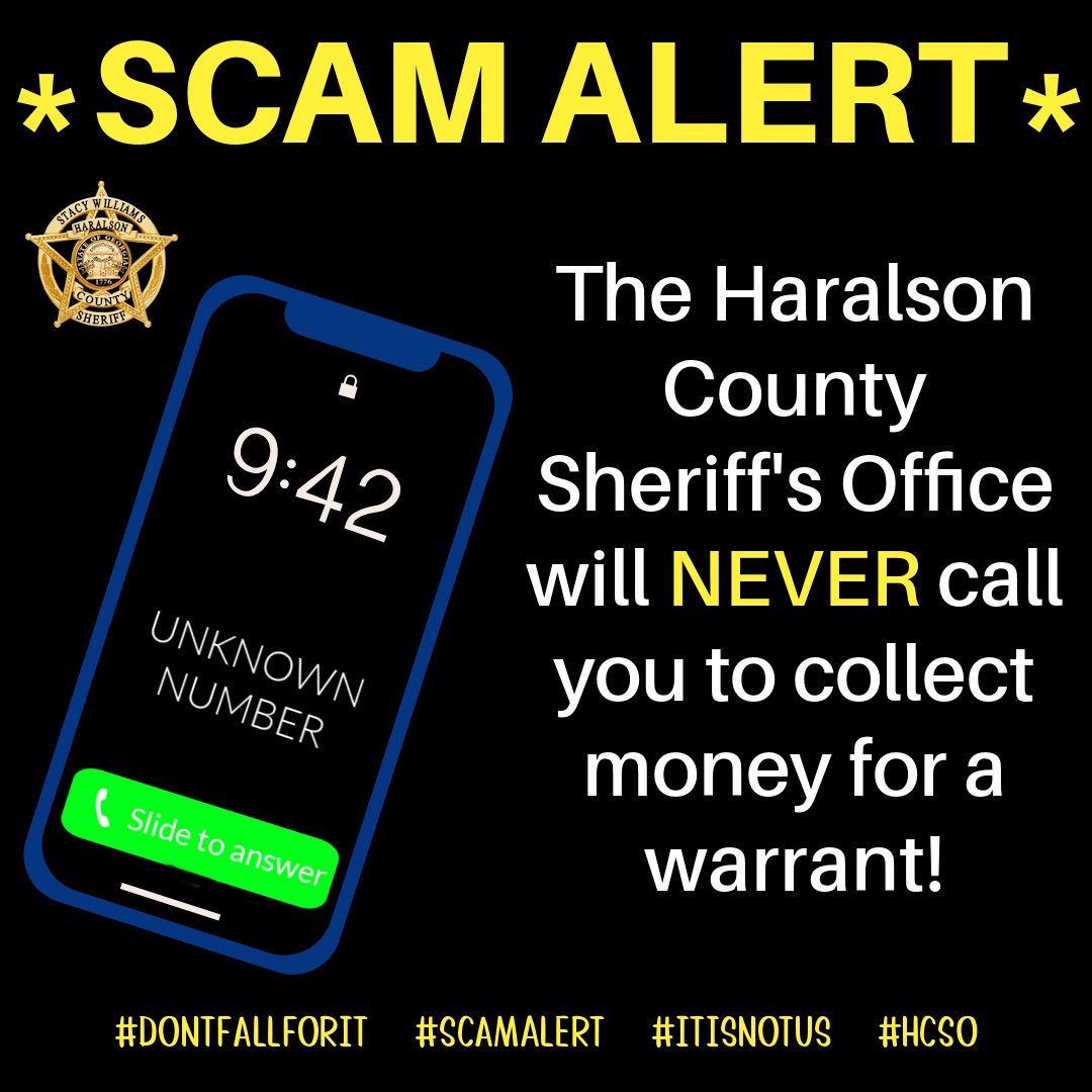HaralsonSheriff's tweet image. The Haralson County Sheriff’s Office will NEVER call you to collect money for a warrant or for ANY other reason! Please do not fall for this. If you are ever unsure, please call us at 770-646-2011 to verify.

#ScamAlert
#DontFallForIt
#ItIsNotUs
#HCSO