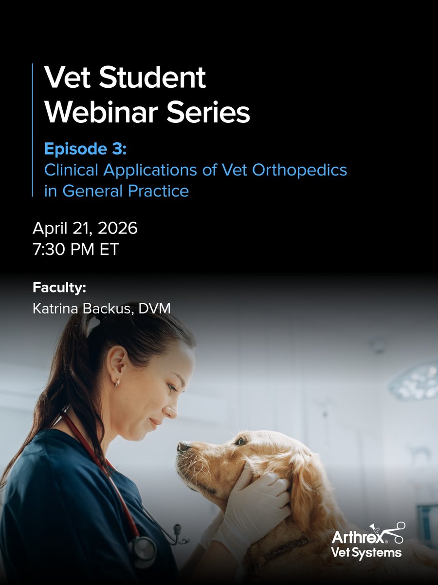 ArthrexVet's tweet photo. Join us for Episode 3 of the Vet Student Webinar Series. Clinical Applications of Vet Orthopedics in General Practice: Unlock Your Potential.

This presentation introduces an alternative path to surgical growth built around real clinical cases, hands-on skill development, and dedicated mentorship for those not pursuing a traditional surgical track. Attendees will explore how real cases shape judgment and technique while learning strategies to build skills independently.

Register today: https://t.co/7qMlte7XC7