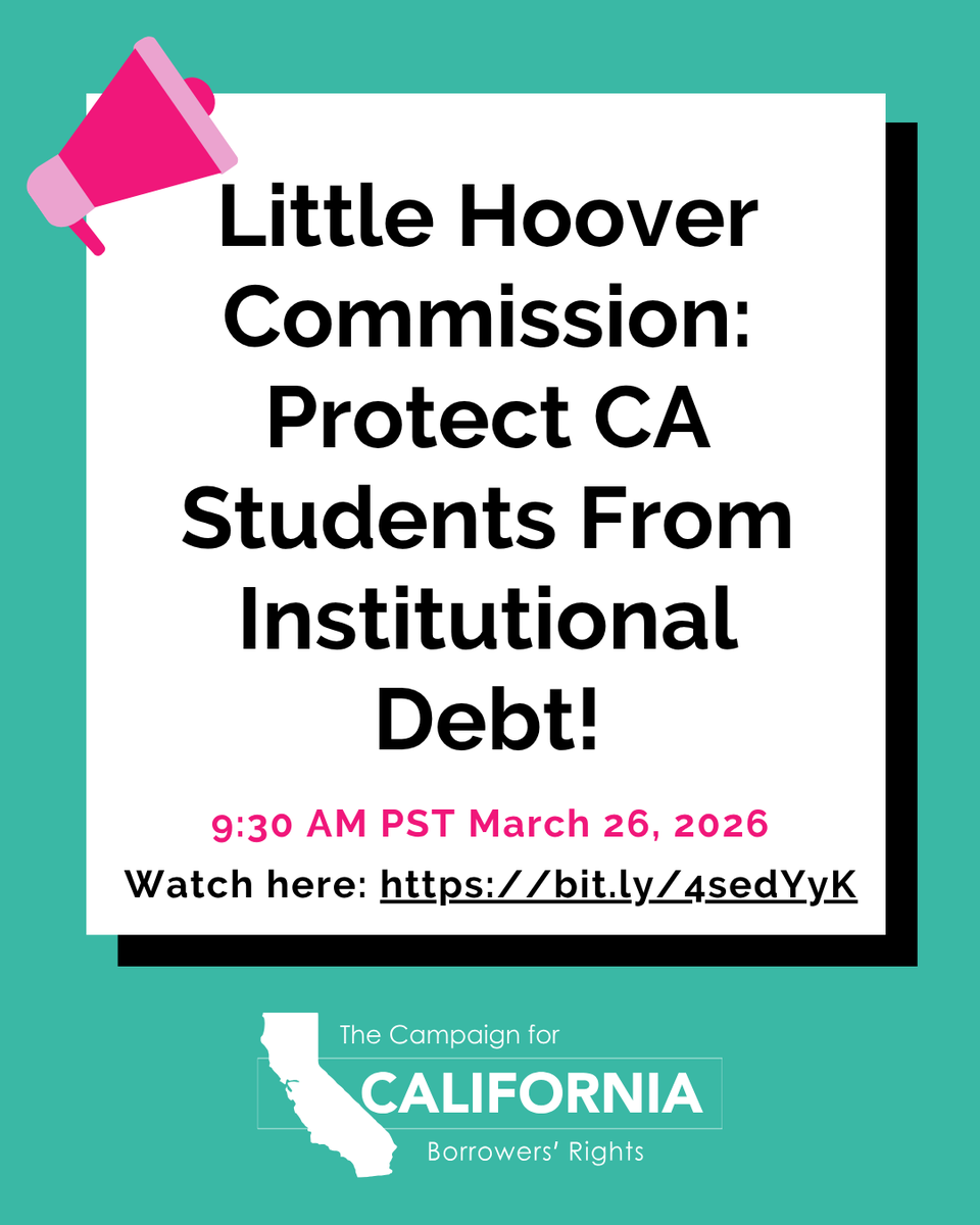 BorrowerJustice's tweet photo. TOMORROW at 9:30 AM PT / 12:30 PM ET, @CALittleHoover will hold the first EVER hearing on institutional debt across CA.

Tune in to hear from experts on the need to protect students from California's institutional debt crisis &amp; increase transparency:
https://t.co/qsfhAeIw0e https://t.co/CiGmbHzer9