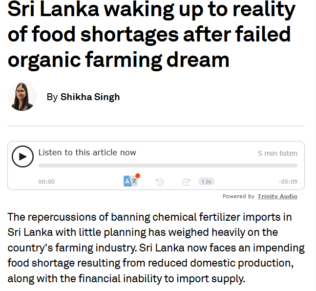 ekwufinance's tweet photo. To get a feeling of how serious a fertilizer shortage is, let’s look at what happened when Sri Lanka banned synthetic fertilizer.

In 2021, Sri Lanka gave in to the green lobby and banned synthetic fertilizer, switching to organic fertilizer. The intention was sustainability, but the system was not ready for it.

The result:

- Overall food production was down 40–50%
- Key exports collapsed = foreign exchange collapsed
- No foreign exchange = no food imports

Even though this ban was only in effect for 6 months, the damage was immediate and severe. Once yields collapse, the effects cascade through the entire economy: food shortages, loss of export income, and currency pressure.

And this was a single-country policy shock. What we are looking at now is a global fertilizer constraint driven by energy shortages.

That is what makes this situation far more dangerous.
