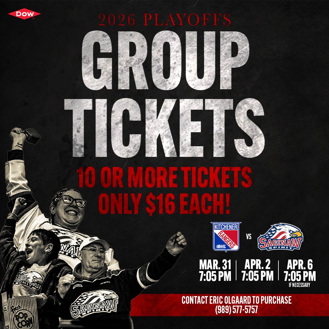 SpiritHockey's tweet photo. 🚨 PLAYOFFS ARE HERE 🚨

Don’t miss a second—bring your group and save big.

💥 10+ tickets just $16 each

📞 Call now: (989) 577-5757

Spots are limited… once they’re gone, they’re gone. https://t.co/WtIVtrqaww
