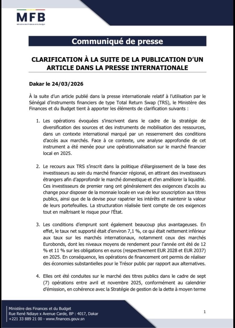 sangomar94's tweet photo. Non Thierno, il ne faut pas imputer au gouvernement ce que ton ignorance et ou ta paresse intellectuelle t’empêchent de voir. La bonne démarche aurait été de lire la LFI pour y repérer, au minimum, la mention de l’opération. C’est ce que j’attends d’un esprit critique comme toi – pas une réaction assez vague fondée sur un article dont le postulat de base est fallacieux.

Ce n’est pas parce que tu ne t’y intéresses pas ou que tu n’en as pas connaissance que c’est opaque, dissimulé ou non divulgué. Évite de te prendre pour baromètre. Think outside the box, bro.

Un simple croisement des données du FT et de la LFI permet justement de répondre à toutes tes questions. On sait que :
• Montant emprunté via le TRS/FAB : 300 M€ (selon le FT)
• Collatéral remis : ~400 M€ en obligations en francs CFA
• Intérêts prévus en 2026 : 14,03 milliards FCFA
• Taux de conversion : 1 EUR = 655,957 FCFA
Calcul : 14,03 Mds FCFA/655,957 = ~21,39 M€ d’intérêts annuels.
Rapporté aux 300 M€ empruntés : 21,39/300 = ~7,13 % de taux effectif annuel.
Le communiqué du MFB confirme un taux net d’environ 7,1 % – quasiment identique à notre calcul (7,13 %).

Ce que certains décrivent comme scandaleux ou opaque est en réalité une bonne opération pour le pays, tant qu’il n’est pas en défaut. Le ministère compare ce 7,1 % aux alternatives réellement disponibles à ce moment-là : les Eurobonds sénégalais se négociaient à des rendements de 12 % (EUR 2028) et 11 % (EUR 2037) en 2025. Si le Sénégal avait voulu lever des fonds sur les marchés internationaux – en admettant qu’il y ait encore eu accès – , cela lui aurait coûté presque le double. Le TRS a donc permis une économie substantielle pour le Trésor.

Conclusion ; Le fait que le gouvernement cite un taux précis de 7,1 %, confirmé par la LFI conformément à l’orthodoxie budgétaire, renforce l’argument que ces opérations n’étaient ni cachées ni improvisées – contrairement à ce que le FT laissait entendre.
J’entends l’argument de la transparence et je ne le balaye pas. Mais je dis aussi : allons chercher l’information plutôt que de nous laisser mener en bateau par une presse étrangère aux motivations troubles. Et la comparaison avec la publication intégrale des contrats ne saurait constituer un argument crédible – aucun État au monde ne publie ses conditions contractuelles prêt par prêt. Cependant, je précise que je suis preneur d’un tel dispositif car ça m’éviterait de faire des articles pour répondre à mon frère THIERNO😏.