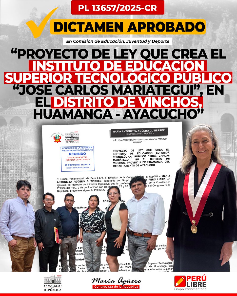 ☑️ ¡APROBADO!
En la Comisión de Educación se aprobó el pre dictamen del PL 13657 para crear el IESTP “José Carlos Mariátegui” en Vinchos (Ayacucho). 🎓
Más oportunidades para nuestros jóvenes. Reconocimiento a Rodolfo Choquecahua, Abel Ataucusi y Gladiza Gutiérrez por su impulso.
