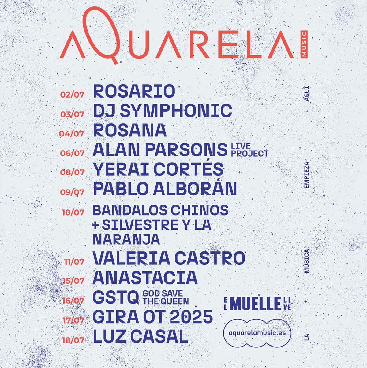 Nace Aquarela Music, el nuevo festival boutique que traerá a artistas como Anastacia, Luz Casal y Alan Parsons a Alicante junto Rosario,  Pablo Alborán, Bandalos Chinos, Silvestre y La Naranja, Valeria Castro,  Anastacia, God Save the Queen y Operación Triunfo, con su Gira 2025