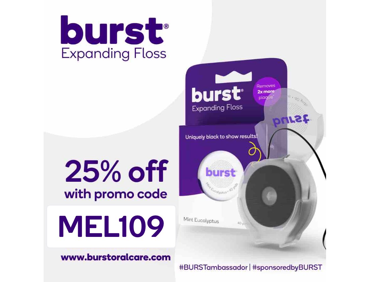 BURST Expanding Floss thickens when it touches your saliva, reaching more surface area for a deeper clean. Its black color helps reveal plaque removal in real time—because seeing is believing. Use code MEL109 for 25% off. #BURSTambassador #sponsoredbyBURST
burstoralcare.com/products/expan…