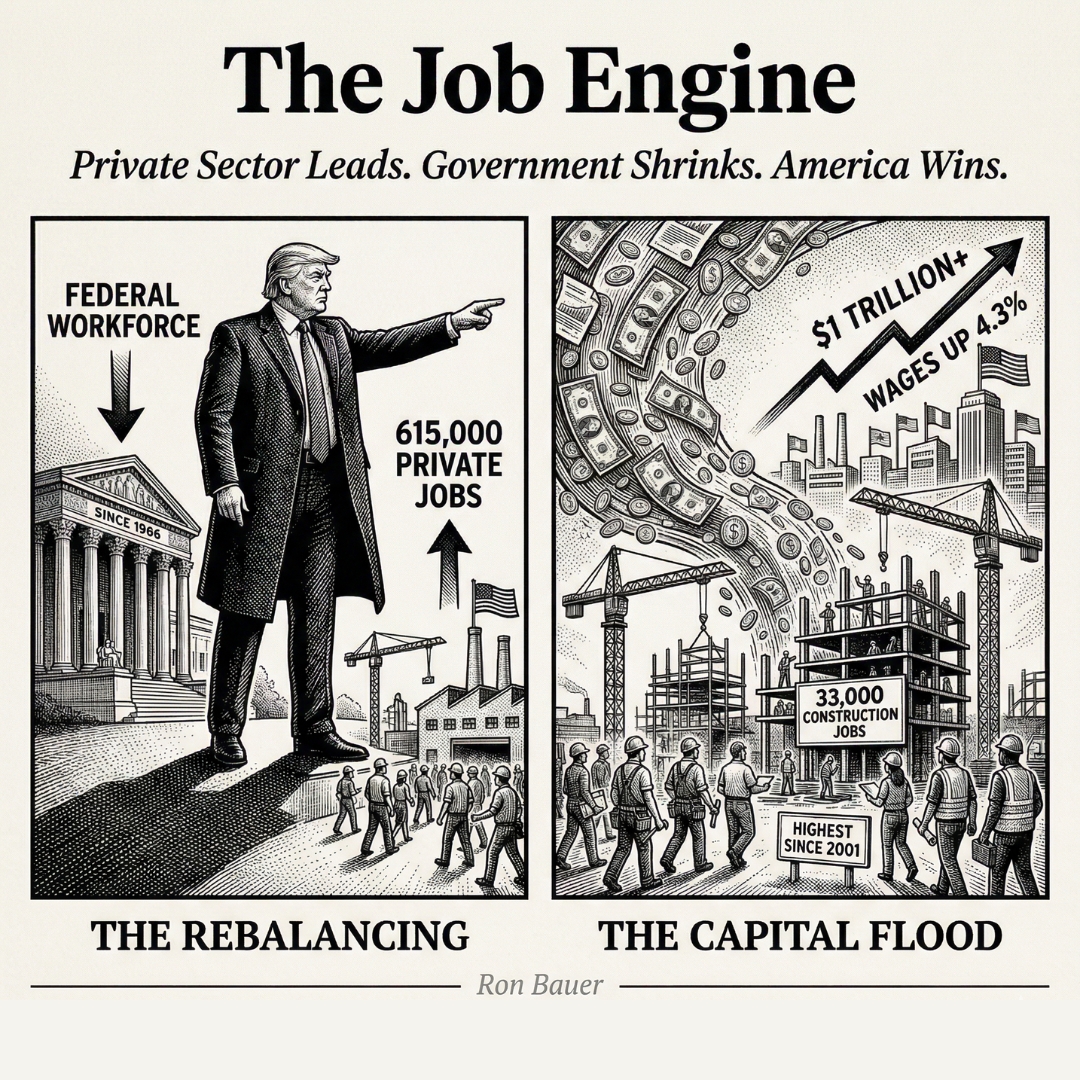 The Trump Administration Creates Real Jobs!

615,000 private sector jobs added.
Federal employment at its lowest level since 1966.

The public sector is shrinking while the private economy thrives.
This is exactly the rebalancing we need to sustain long term growth.

The current