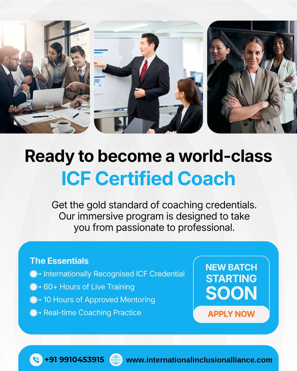 Intlinclusion's tweet image. Ready to turn "giving advice" into a globally recognized professional skill? 🏆

Whether you’re launching a new career or leveling up your leadership, this is your next step. 🚀

🎓 New batch starting soon | 🌍 Learn from anywhere
👉 Apply now

📞 +91 93113 91900
#ICFCoaching