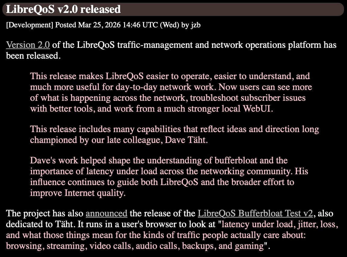 LibreQoS's tweet photo. #LibreQoS v2.0 and LibreQoS #Bufferbloat #Speedtest v2 released - @jzb w/ @lwnnet:

https://t.co/HaKdcxtPzE

#DaveTaht #LWN #OpenSource #latency #jitter #Linux
#BandwidthIsALIE #LibreQoSInsight #RFC8290 #FQ_CoDel #sch_CAKE #LowLatency #QoE #QoS https://t.co/qSFNHzM51b