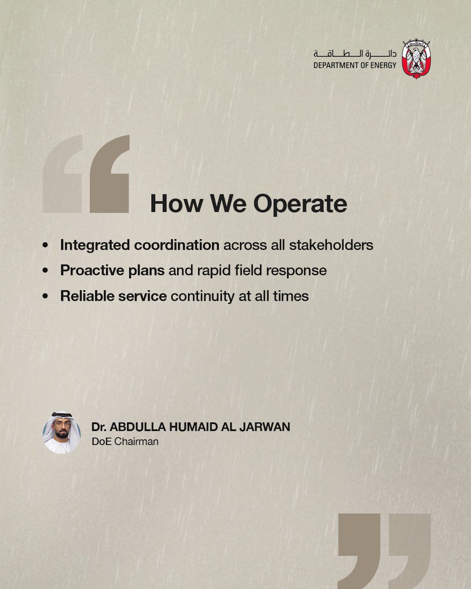 AbuDhabiDoE's tweet image. Abu Dhabi’s response to recent weather conditions reflects strong coordination between government entities and sector partners, driven by proactive planning to ensure uninterrupted services and the highest safety standards.
#AbuDhabi #DoE
@TAQADist