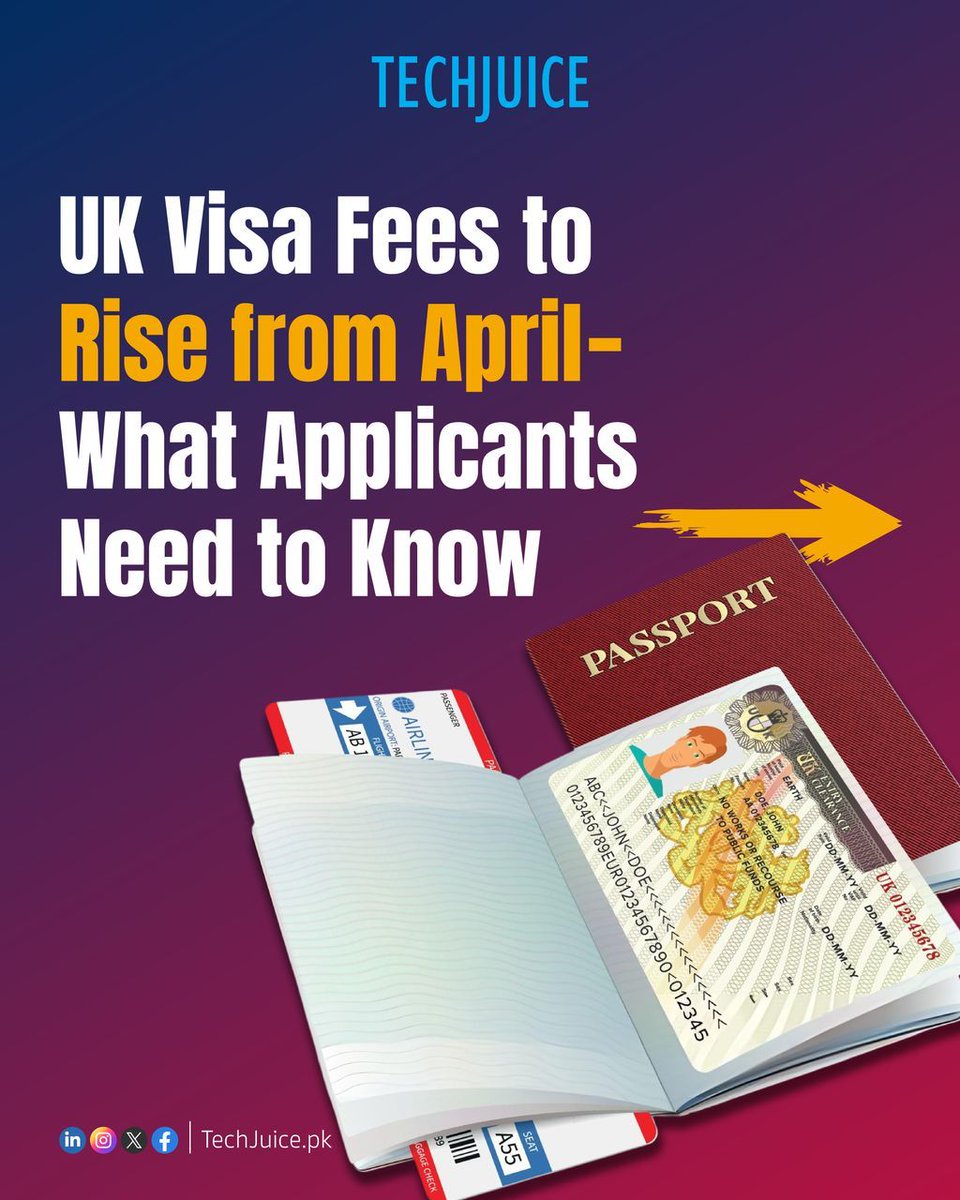 TechJuicePk's tweet image. UK visa fees to rise from April.
New UK visa fee increases will impact visitors, workers, students, and settlement applications, with costs rising across multiple categories.

#techjuice #ukvisa #immigration #studyabroad #uk