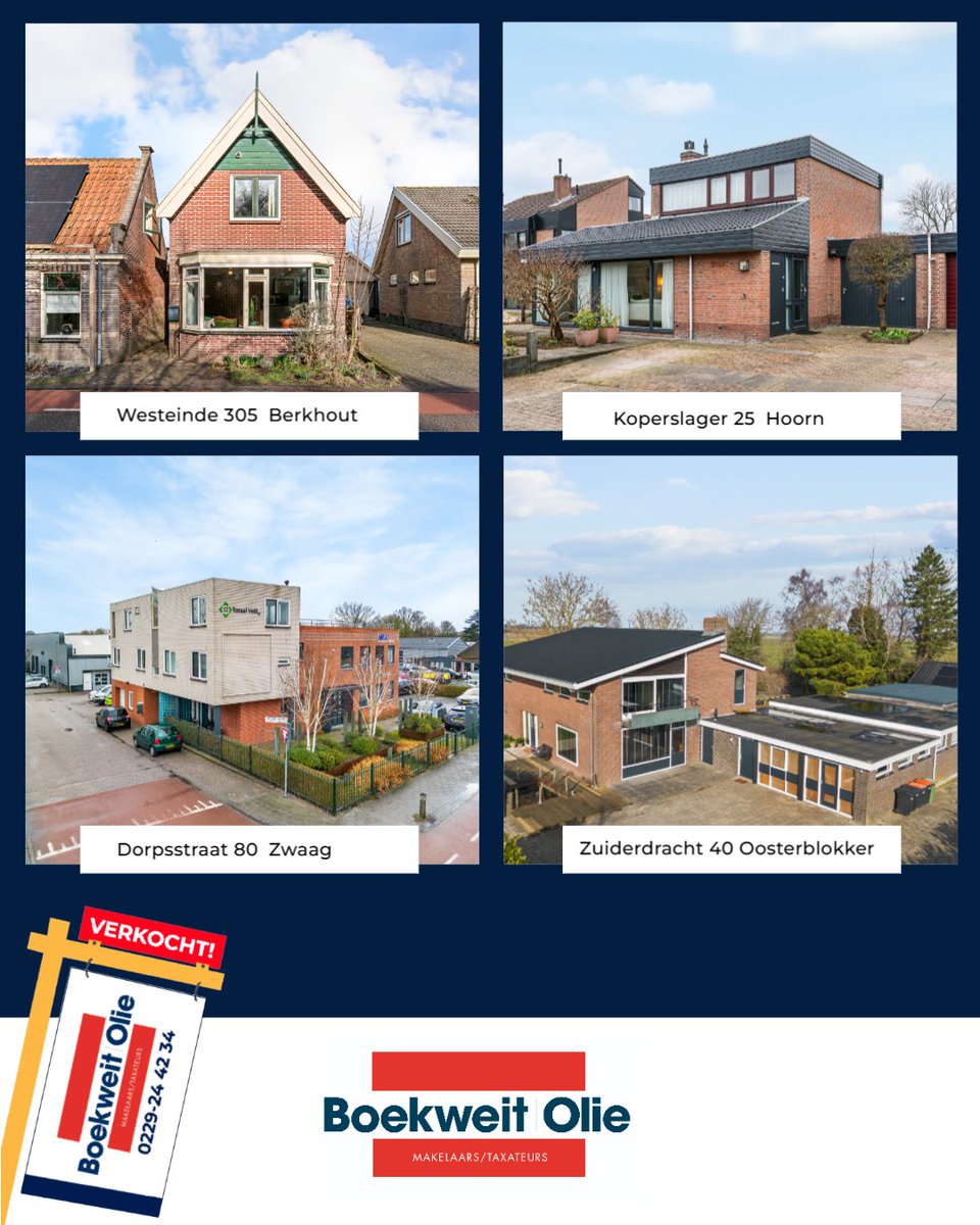 BoekweitOlie's tweet photo. Wij feliciteren alle verkopers en kopers van
🏡 Westeinde 305
🏡 Koperslager 25
🏡 Dorpsstraat 80
🏡 Zuiderdracht 40
Sta je op het punt te verhuizen of ben je benieuwd naar de waarde?
☎️ 0229-244234 of 📧 info@boekweitolie.nl
 
#BoekweitOlieMakelaars #MakelaarHoorn #Hoorn https://t.co/sj1oLNxyk8