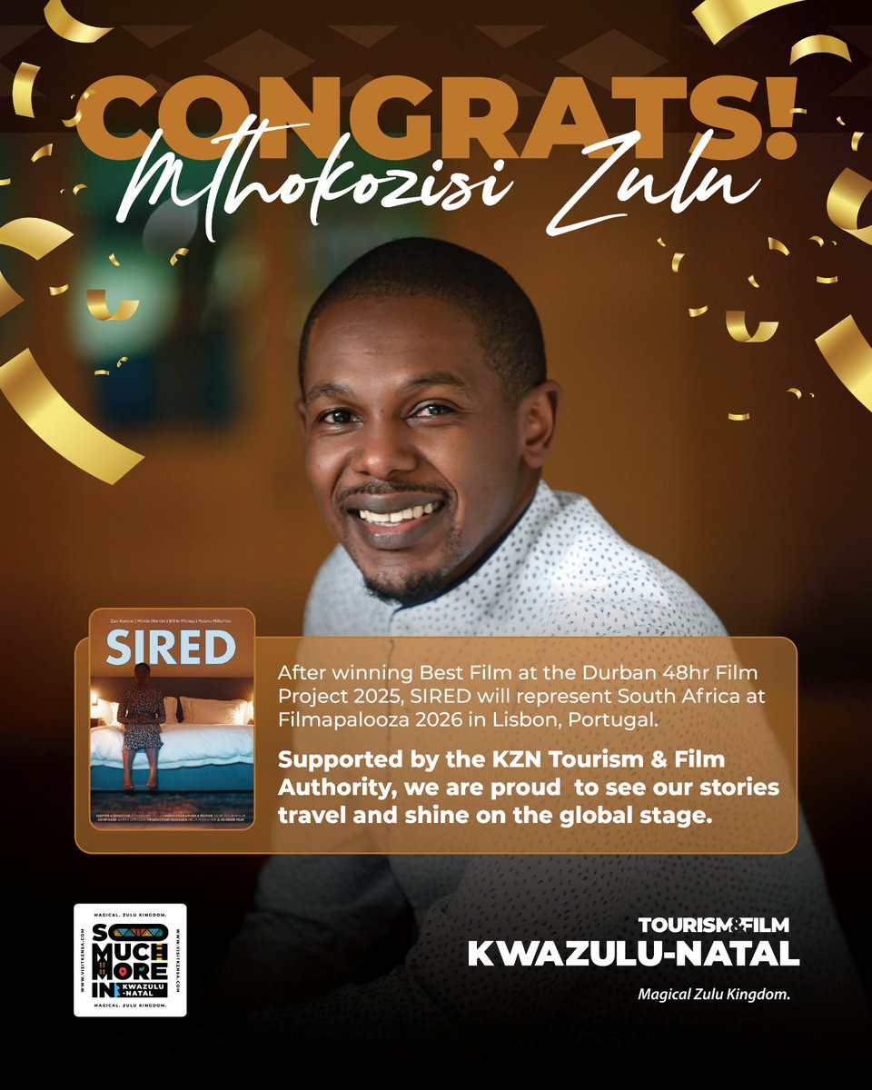 FilmInKZN's tweet image. Mthokozisi Zulu's award-winning short film Sired is heading to Filmapalooza in Portugal - competing against top films from over 100 cities worldwide.

After winning Best Film in Durban, his story is now on the global stage.

#KZNFilm #Filmapalooza #DurbanToTheWorld #FilmInKZN