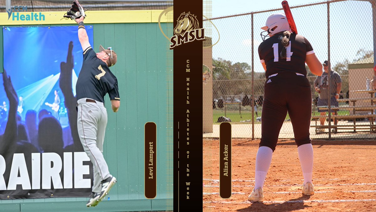 This week's CCM Health student-athletes of the week, baseball player, Levi Lampert, and softball player, Aliza Acker. Lampert hit .417 in four games, while Acker batted .563 with seven RBIs and two home runs in 4 games

Check out their stats at SMSUmustangs.com
 
#LetsRide