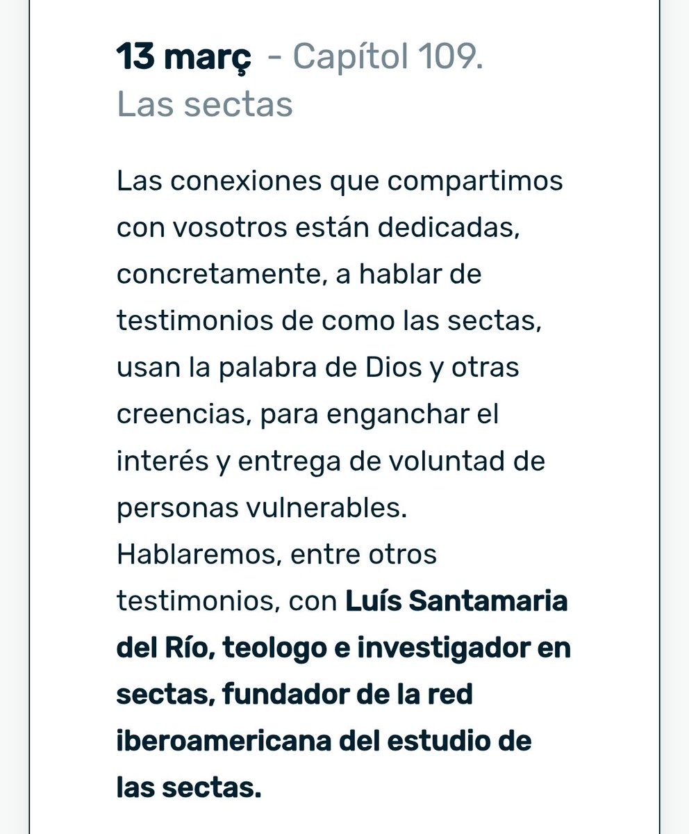 vaiconDios's tweet image. Ya puede escucharse en el podcast #Conexiones de @radioestel la entrevista que me ha hecho @IgnasiMiranda sobre el fenómeno de las #sectas.
radioestel.cat/podcasts/conex…
@esglesiabcn @esglesiatgn @BisbatUrgell @bisbatsantfeliu @BisbatTerrassa @bisbatgirona @bisbatsolsona @bisbatlleida