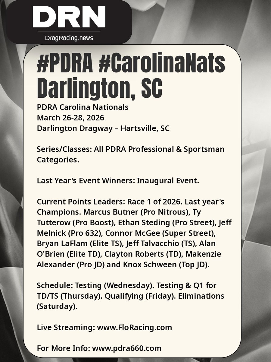DRNDragRacing's tweet image. #PDRA #CarolinaNats
Event Weekend Preview. Testing Starts Today! #ProMod #DragRacing #ProNitrous #ProBoost #ProStreet #TopDragster #TopSportsman #DarlingtonDragway