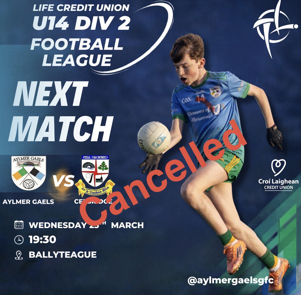 The U14 Game tonight scheduled for Ballyteague tonight has Been cancelled due to waterlogged pitch