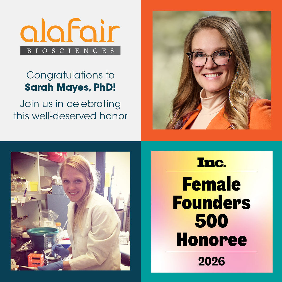 AlafairBio's tweet photo. A big congratulations to Sarah Mayes, Ph.D. on being recognized again as a two-time honoree on the @Inc. Magazine's 2026 #FemaleFounders500 List.
From Sarah's grad school days to founding @AlafairBio  and inventing the technology behind it, Sarah's leadership, energy, and belief in what’s possible continue to push all of us forward. We’re so proud to celebrate this moment together!

See the list, below ⬇️ 
https://t.co/2VjvyXHS9N

#femalefounders #VersaCoat #VersaWrap #innovation #medicaldevice #medicaldevices #medtech #womenshistorymonth