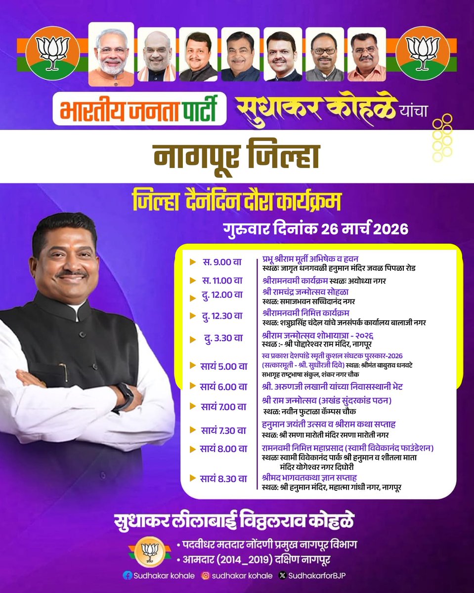 SVKohale's tweet image. भारतीय जनता पार्टी

 मा. श्री.सुधाकर कोहळे पदवीधर मतदार नोंदणी प्रमुख नागपूर विभाग माजी आमदार माजी अध्यक्ष भाजपा जिल्हा नागपूर यांचा दैनंदिन कार्यक्रम 

🗓️ दिनांक गुरुवार २६ मार्च २०२६
📍नागपूर जिल्हा

#SudhakarKohale #BJP #DailySchedule  #Nagpur