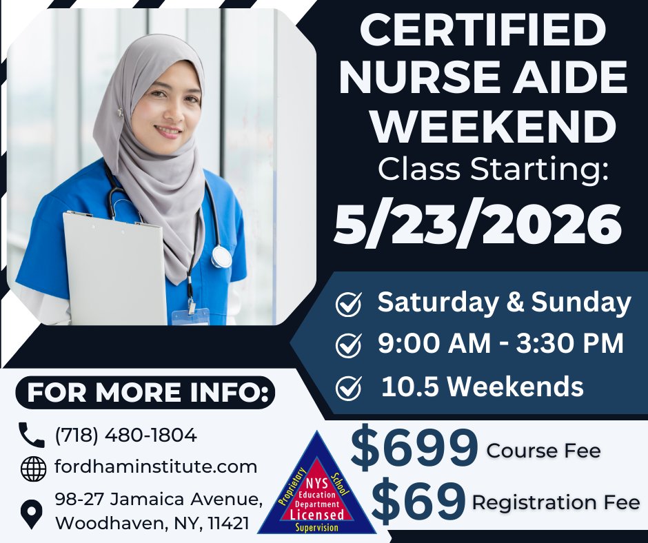 FordhamInstinc's tweet photo. 🚀 Turn Your Weekends Into a Career Upgrade!
Busy Monday–Friday? Use your weekends to take the first step into healthcare.
📌 98-27 Jamaica Ave, Woodhaven, NY
💻 https://t.co/wcNXlsVJGk
📲 (718) 480-1804
#CNA #WeekendClasses #HealthcareTraining #CareerUpgrade #NursingAssistant https://t.co/bqTBDOIuh9