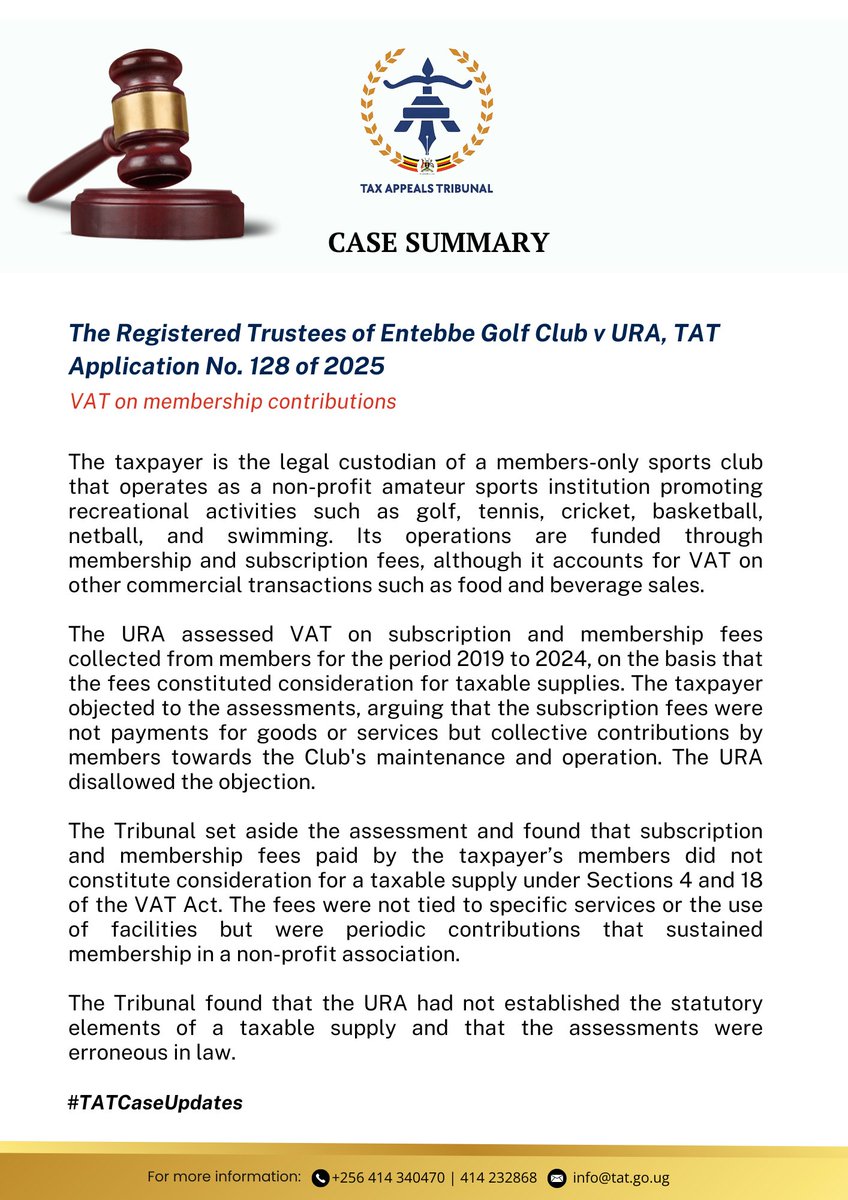 TaxAppealug's tweet photo. RULING: VAT on membership contributions 

Access full ruling via: https://t.co/uBlSq1oH1V

#TaxCaseUpdates https://t.co/troFLcP8DZ