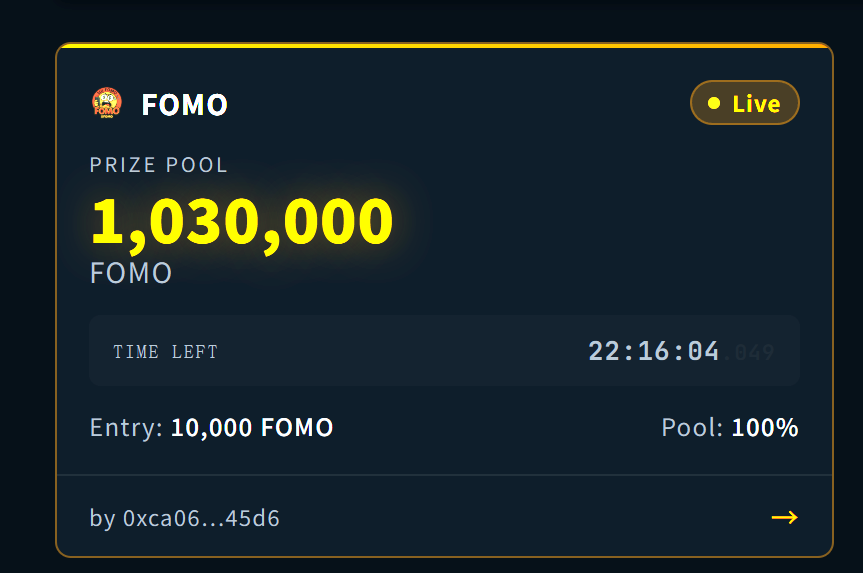 0xPandaSui's tweet image. Starting today, FOMO Game will launch a daily FOMO prize pool of 1,000,000 FOMO.

20% of FOMO used will be burned 🔥
10% goes to lucky rewards 🎁
70% goes to the last player for the grand prize 🏆

Join the game and don’t miss out 👀
#Sui #FOMO #PandaSui