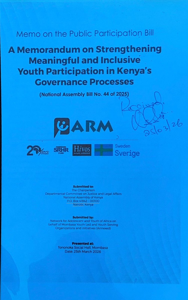 PwaniYouth's tweet photo. Today, under the Network for Adolescent and Youth of Africa,(NAYA), we joined fellow civil society organizations at Tononoka Social Hall to present a youth memorandum on the Public Participation Bill, 2025.Meaningful Youth Engagement 
#Youthnaplanke #YouthAdvocacy https://t.co/2yJfUoN90d