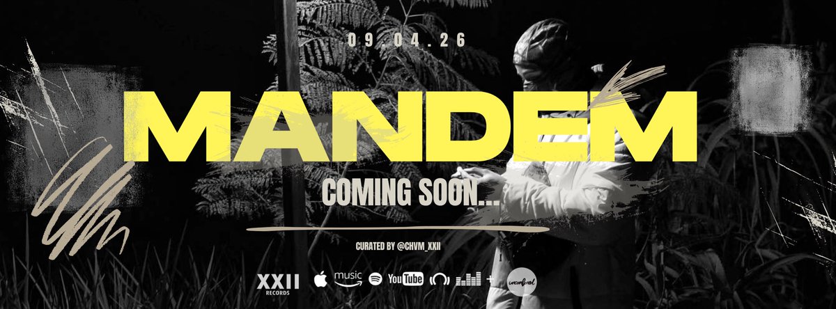 XXII_Records's tweet photo. MANDEM

The sixth instalment from XXII Records lands 9 April 2026.

A curated body of work shaped by energy and voices pushing the culture forward. The project brings together some of the most compelling emerging acts in the scene.

Curated by executive producer @CHVM_XXII https://t.co/R4aY4NNBJc