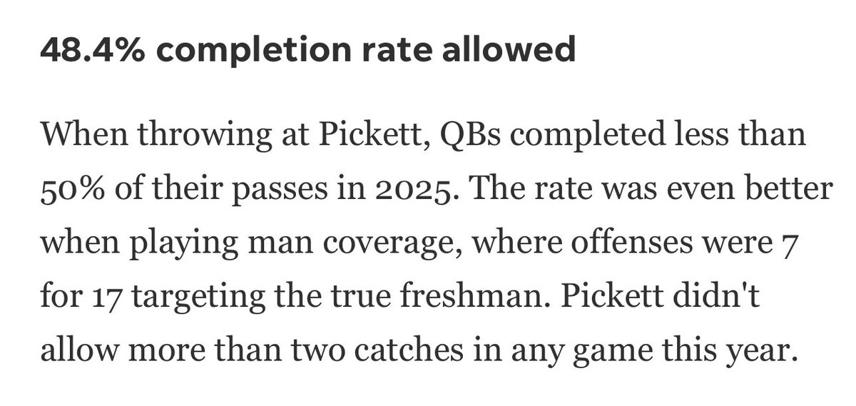 verdinverdict's tweet photo. Couple of interesting stats for DJ Pickett from @rozenwill

Not to mention he had the 13th best coverage grade in the SEC per PFF AS A FRESHMAN…. https://t.co/gkMgoB4XdF